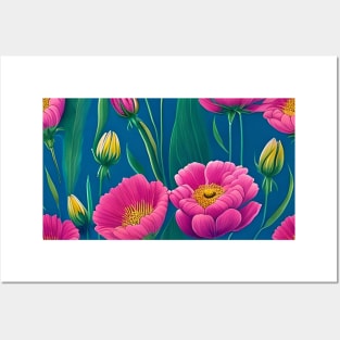 Pink Flowers On A Blue Background Watercolor Drawing Posters and Art